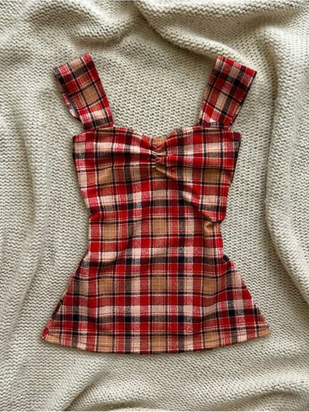 Plaid Red Sweetheart Neckline Tank Top